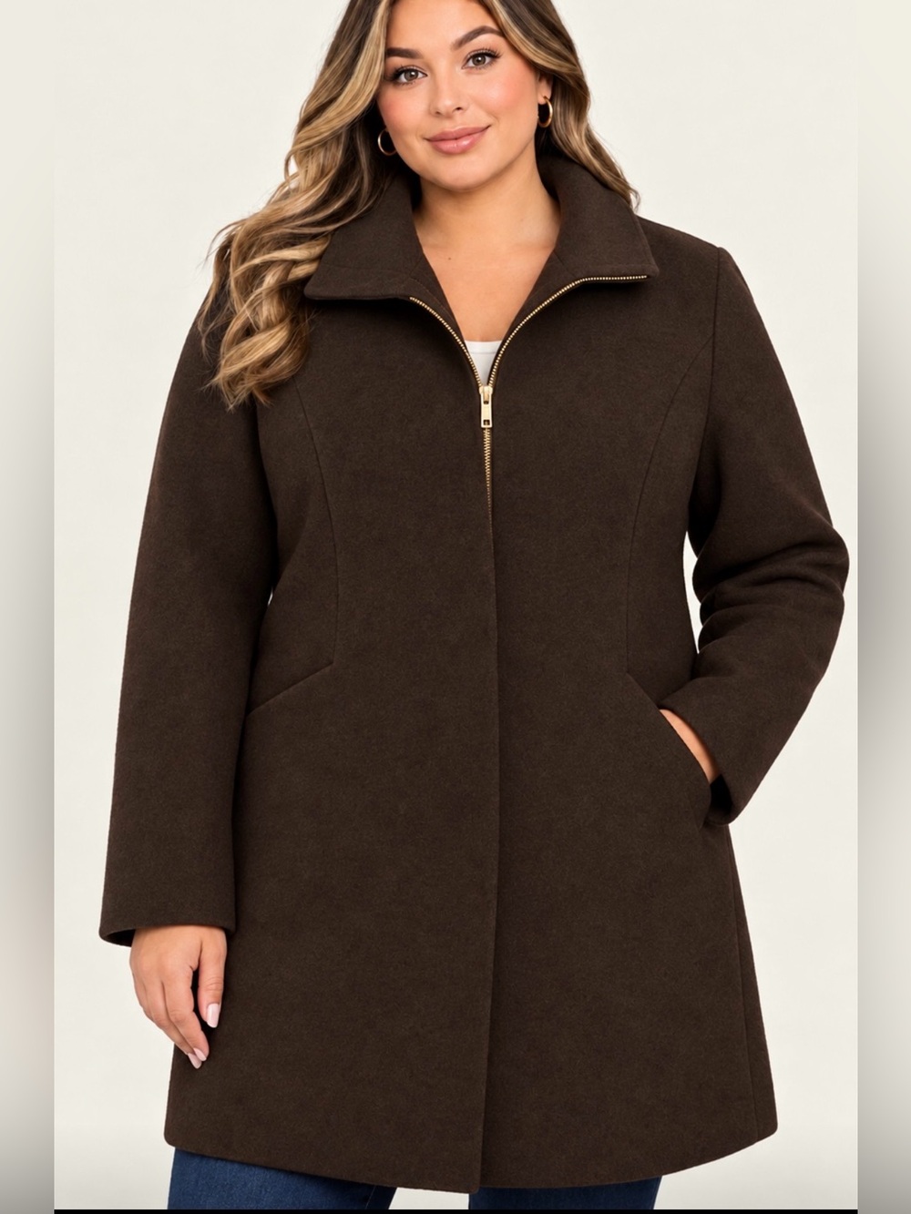 Nine West Dark Brown Zip-Front Pea Coat
